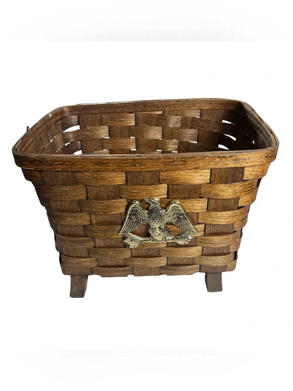 Basketville Putney Vermont Woven Wood Basket Brass Eagle Footed Magazine Carrier